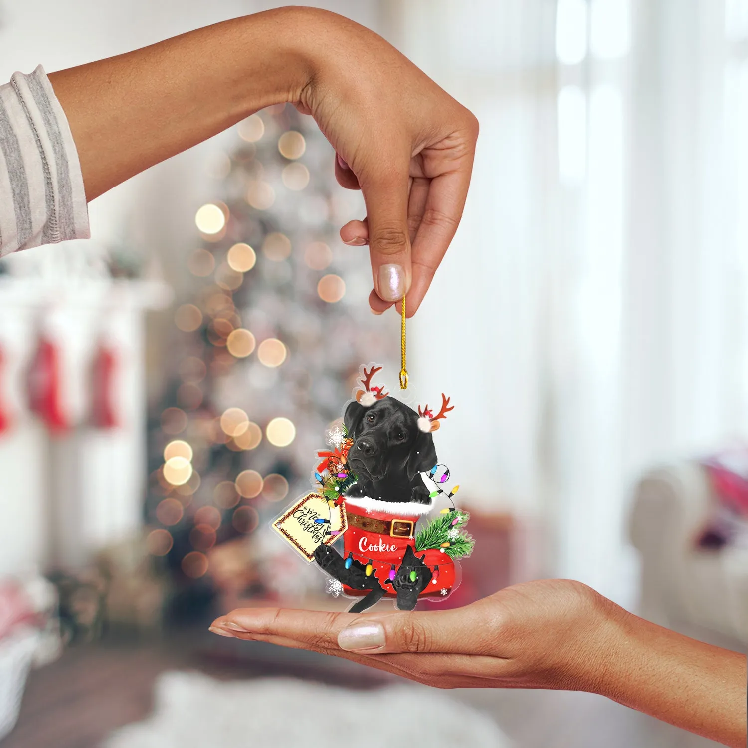 BLACK LABRADOR IN SNOW POCKET CHRISTMAS ACRYLIC ORNAMENT