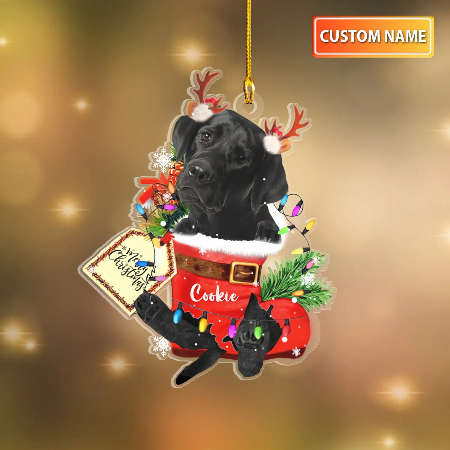 BLACK LABRADOR IN SNOW POCKET CHRISTMAS ACRYLIC ORNAMENT