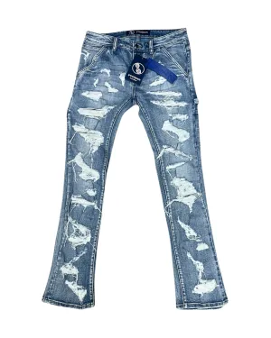 Blue Wash Patterned Stacked Jeans