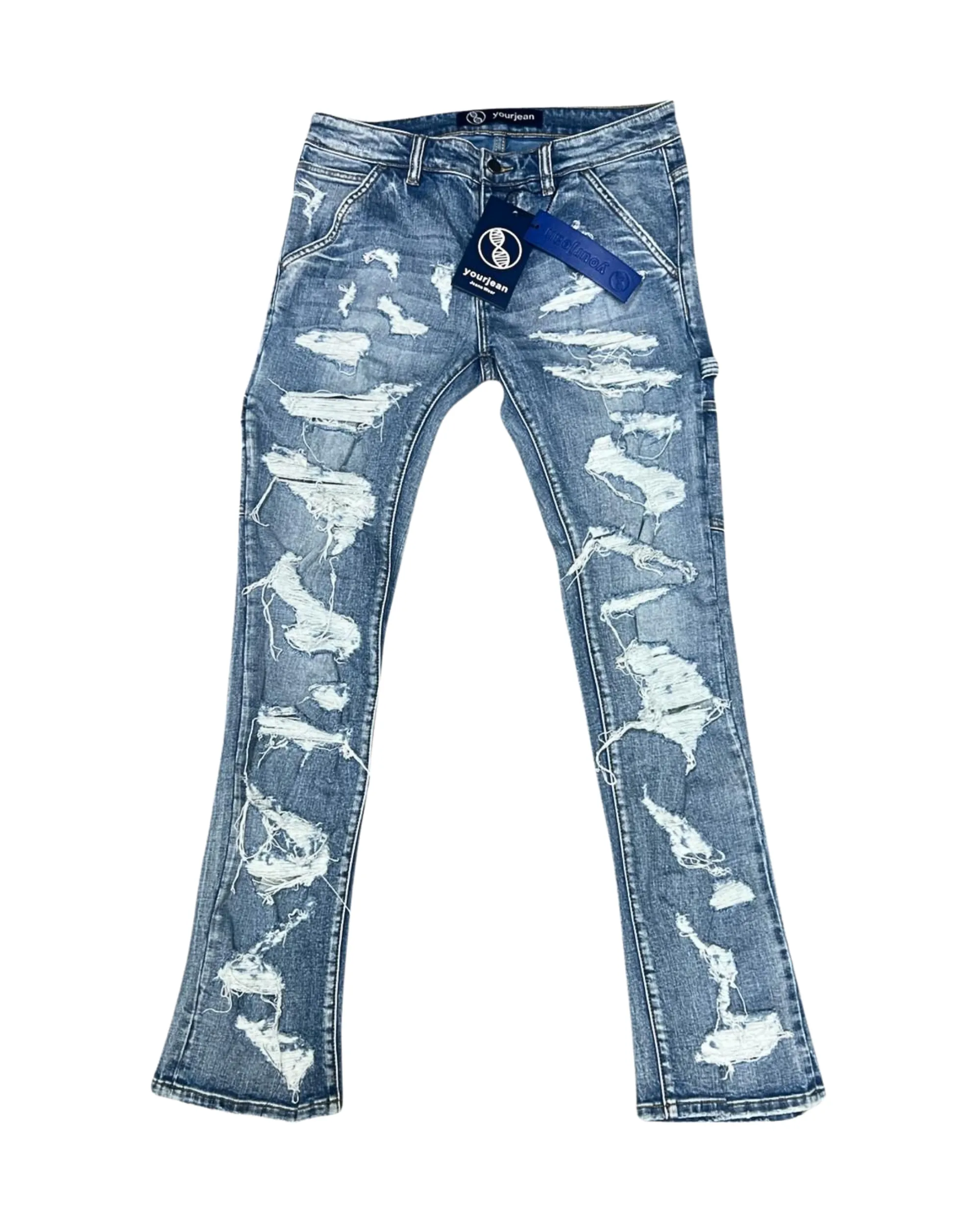 Blue Wash Patterned Stacked Jeans