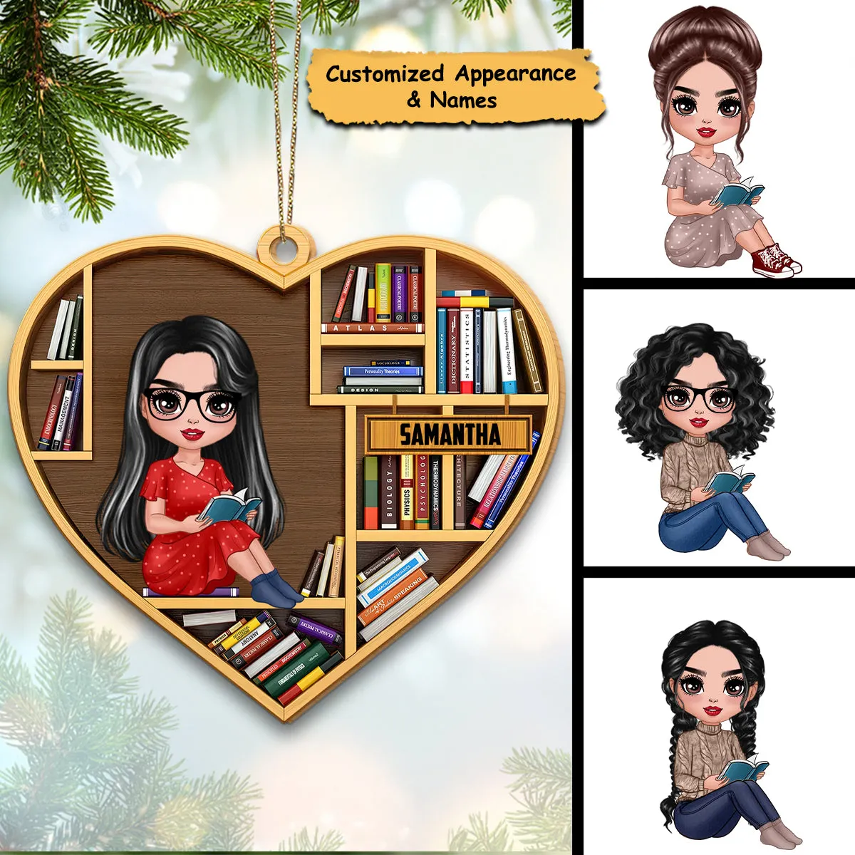 Bookshelf Book Lover Book Worm Personalized Christmas Wooden Ornament