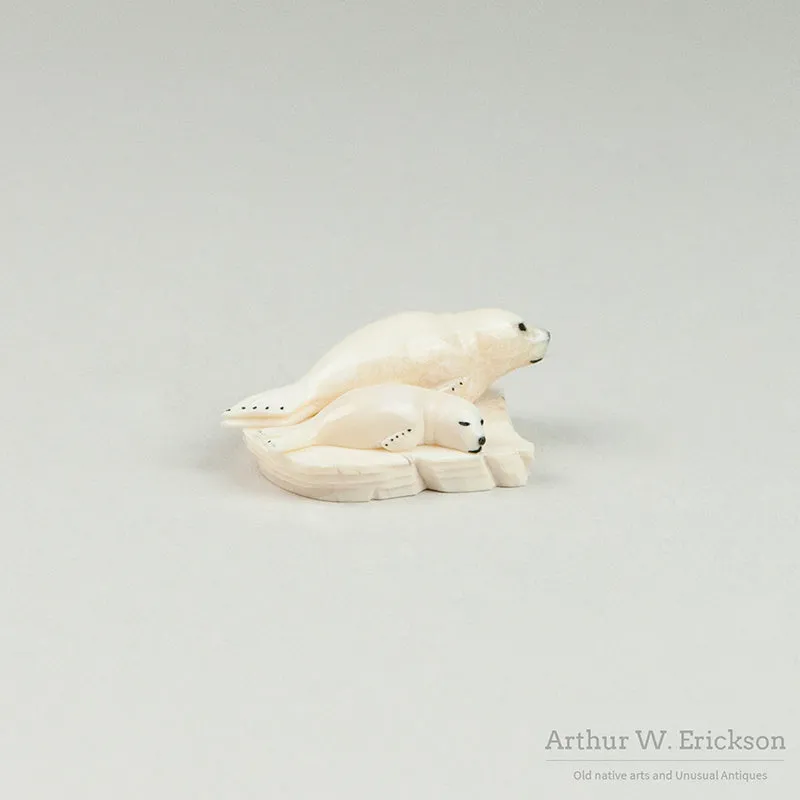 Bryan Kulik Inuit Ivory Carving of Two Seals on a Mount