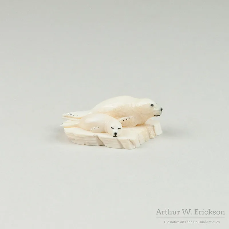 Bryan Kulik Inuit Ivory Carving of Two Seals on a Mount