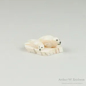 Bryan Kulik Inuit Ivory Carving of Two Seals on a Mount