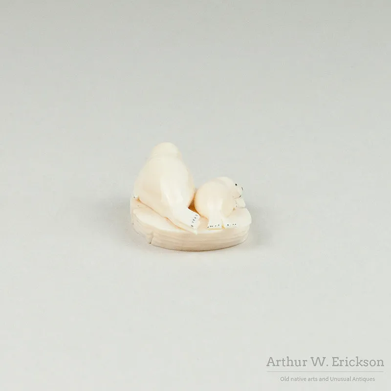 Bryan Kulik Inuit Ivory Carving of Two Seals on a Mount