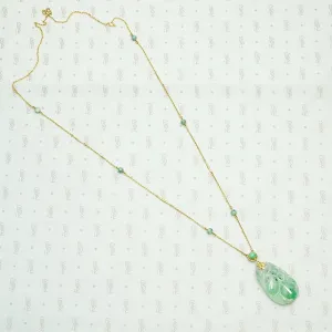 Carved Jade Plum Pendant on Decorative Gold Chain