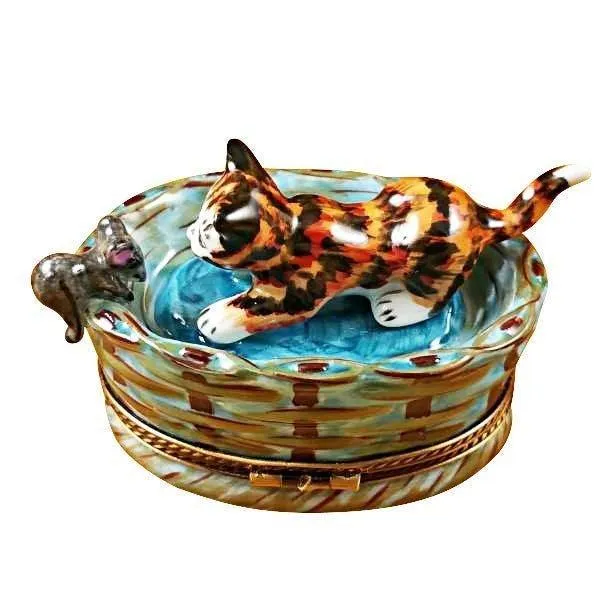 Cat in Basket with Mouse limoges box