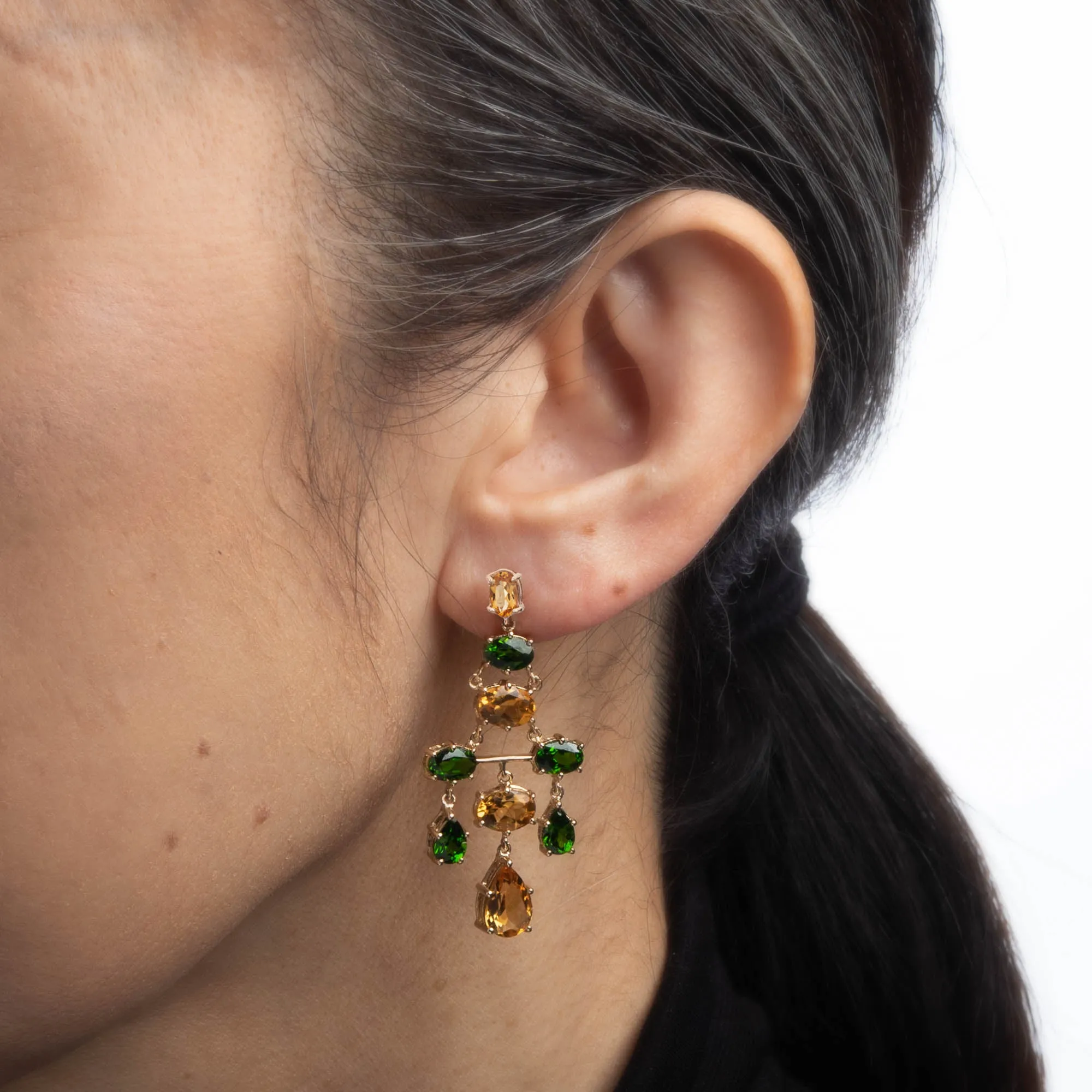 Citrine Chrome Diopside Earrings Estate 10k Yellow Gold Long Chandelier Drops