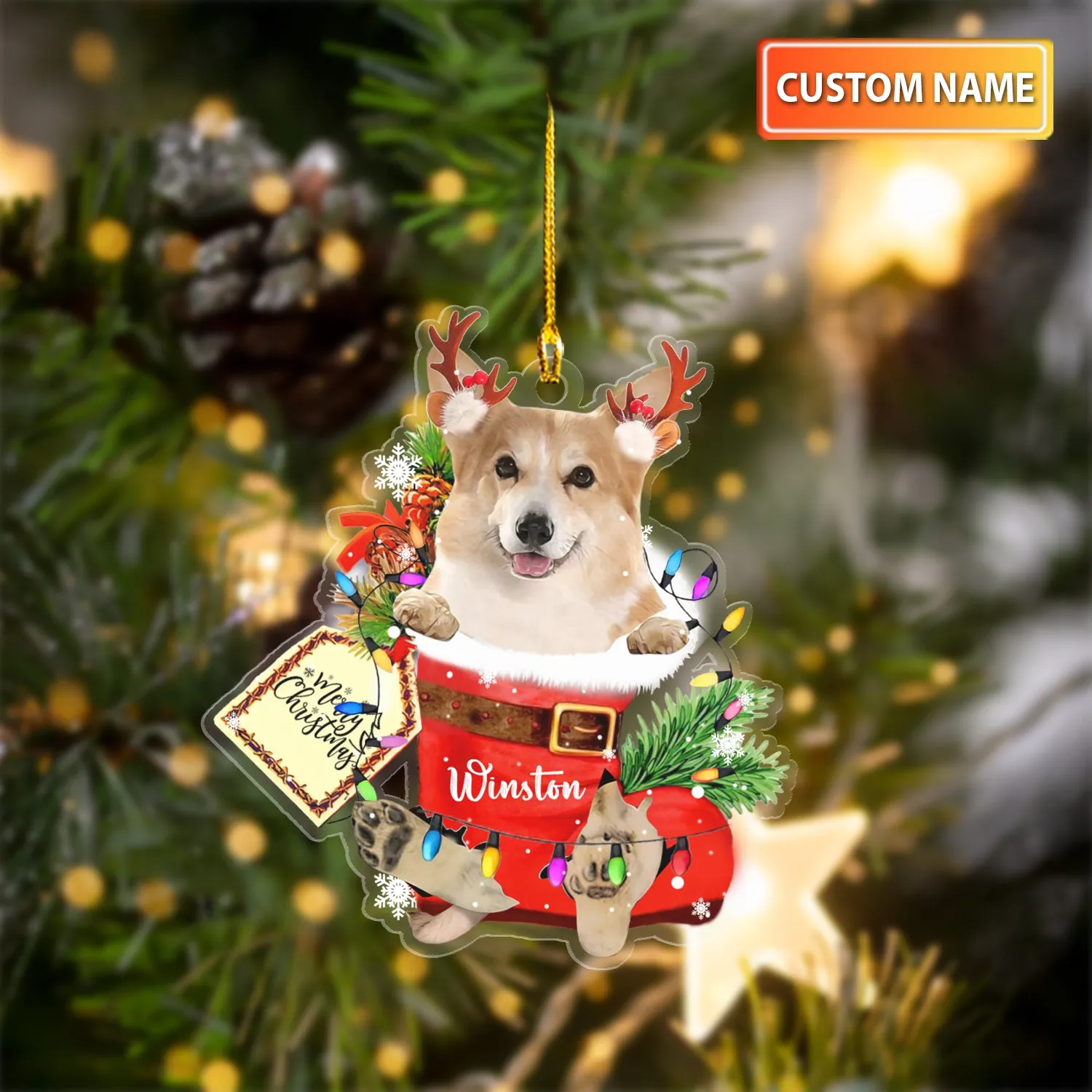 CORGI 2 IN SNOW POCKET CHRISTMAS ACRYLIC ORNAMENT