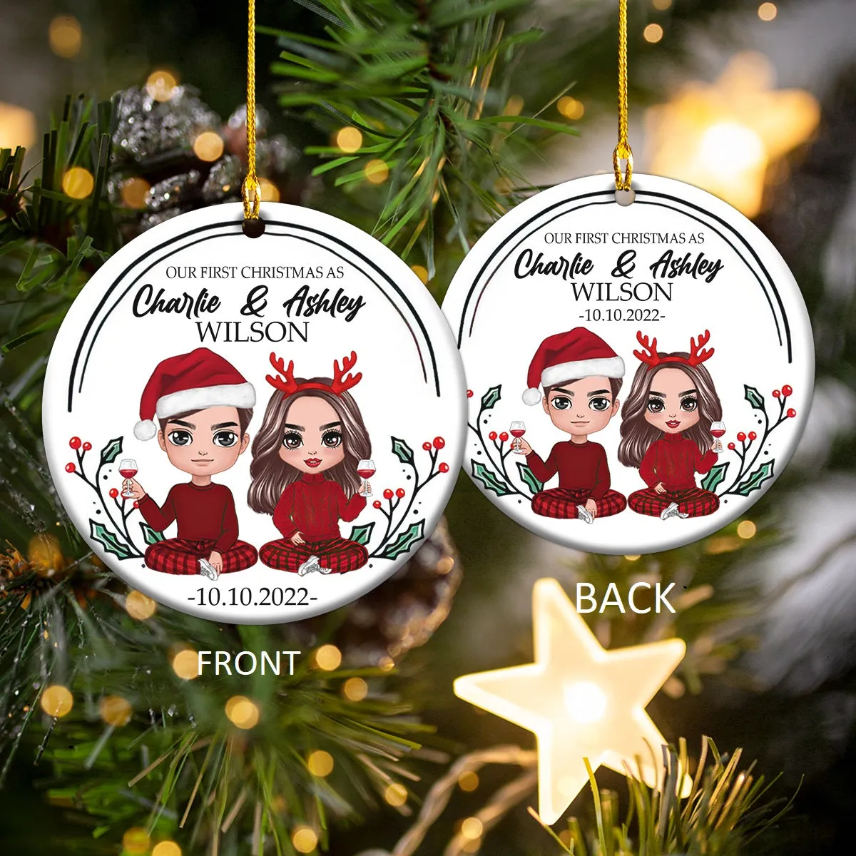 Couple Our First Christmas As Mr & Mrs Personalized Circle Ornament