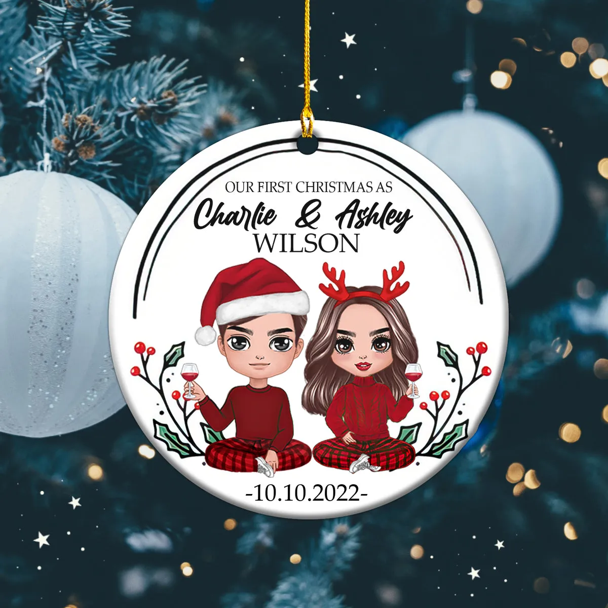 Couple Our First Christmas As Mr & Mrs Personalized Circle Ornament