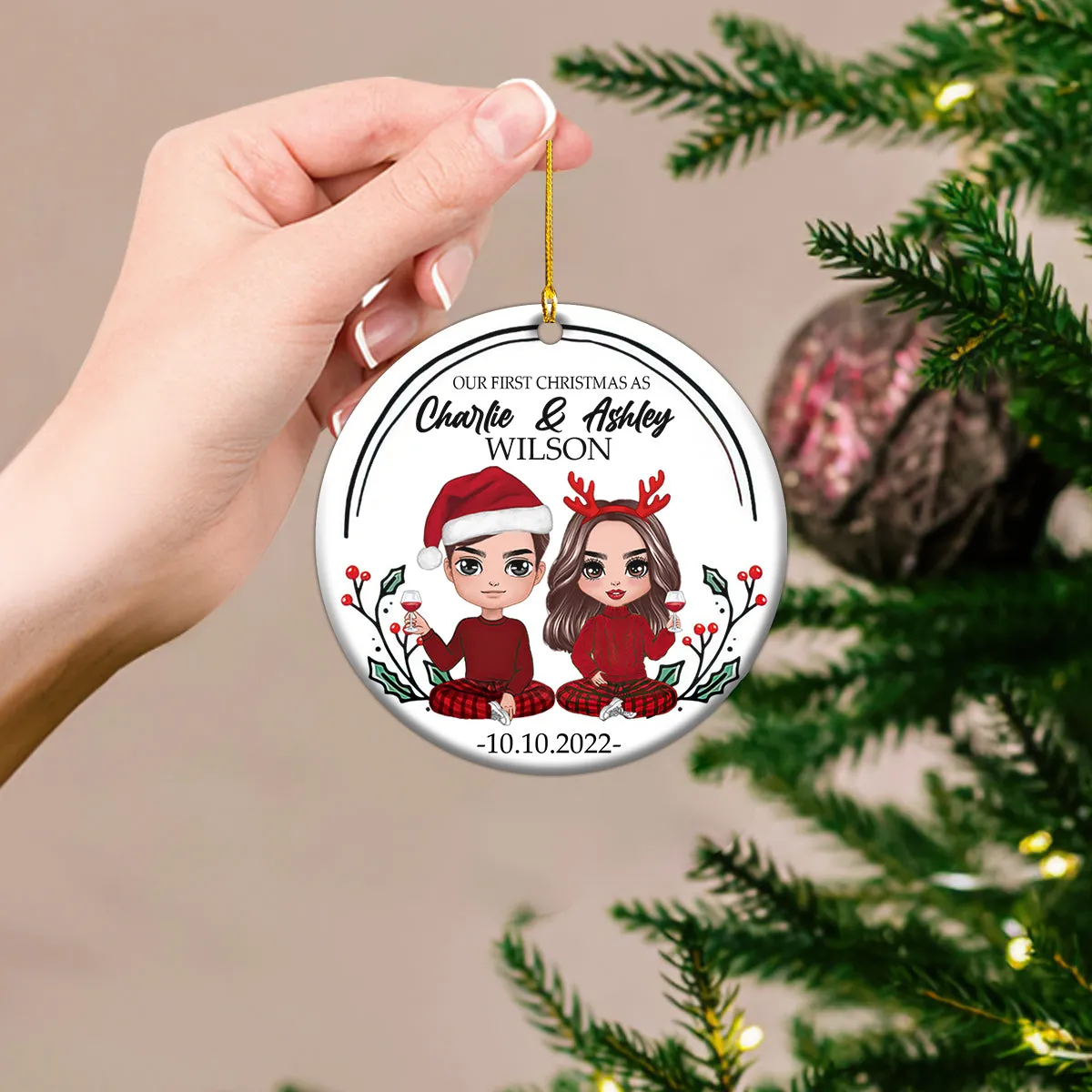 Couple Our First Christmas As Mr & Mrs Personalized Circle Ornament