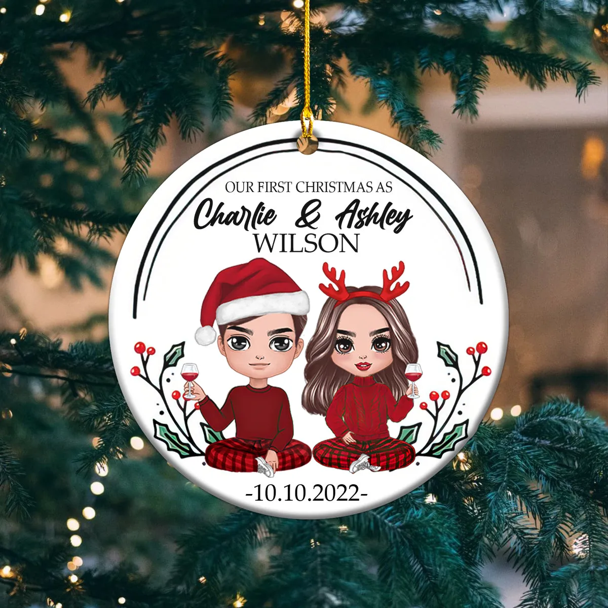 Couple Our First Christmas As Mr & Mrs Personalized Circle Ornament