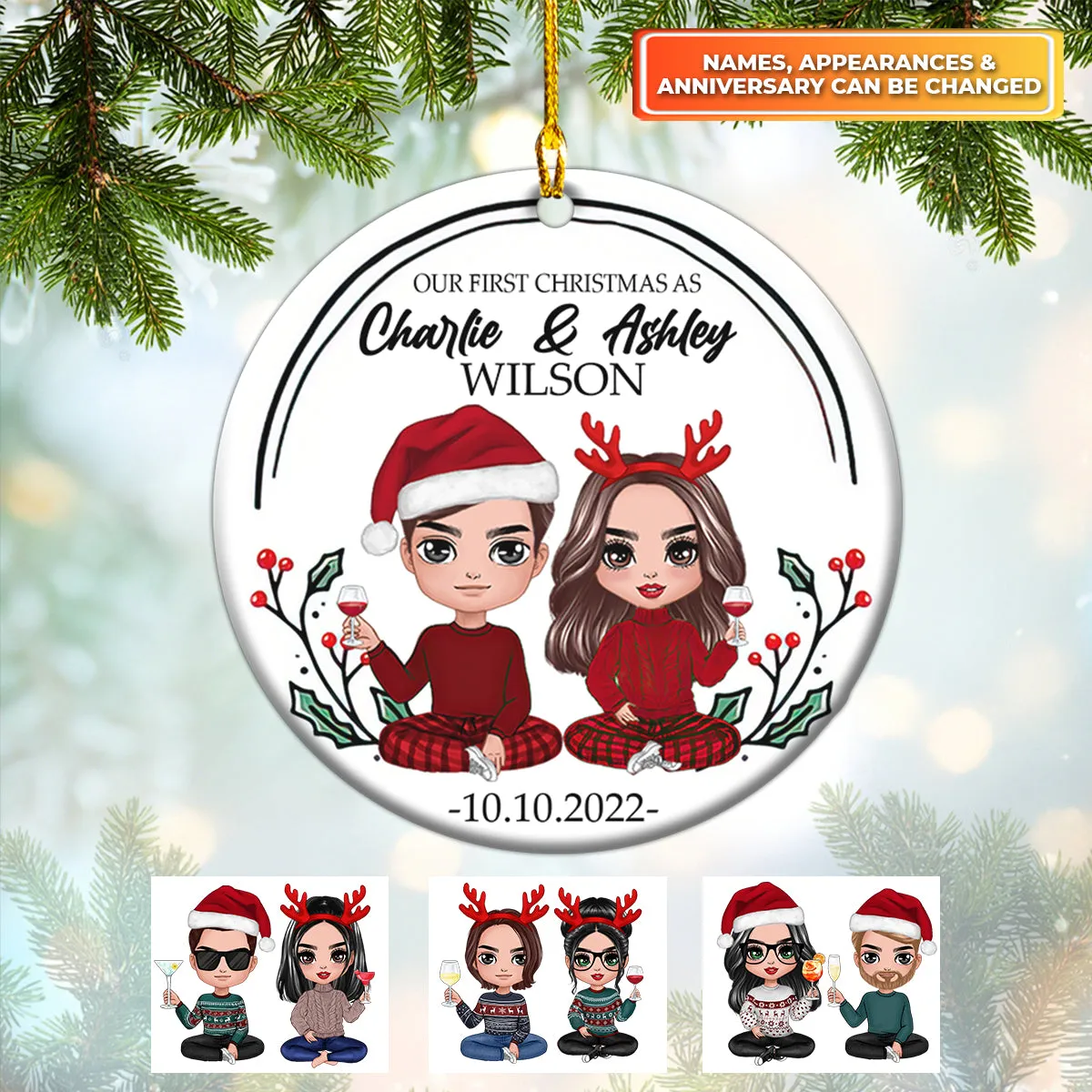 Couple Our First Christmas As Mr & Mrs Personalized Circle Ornament