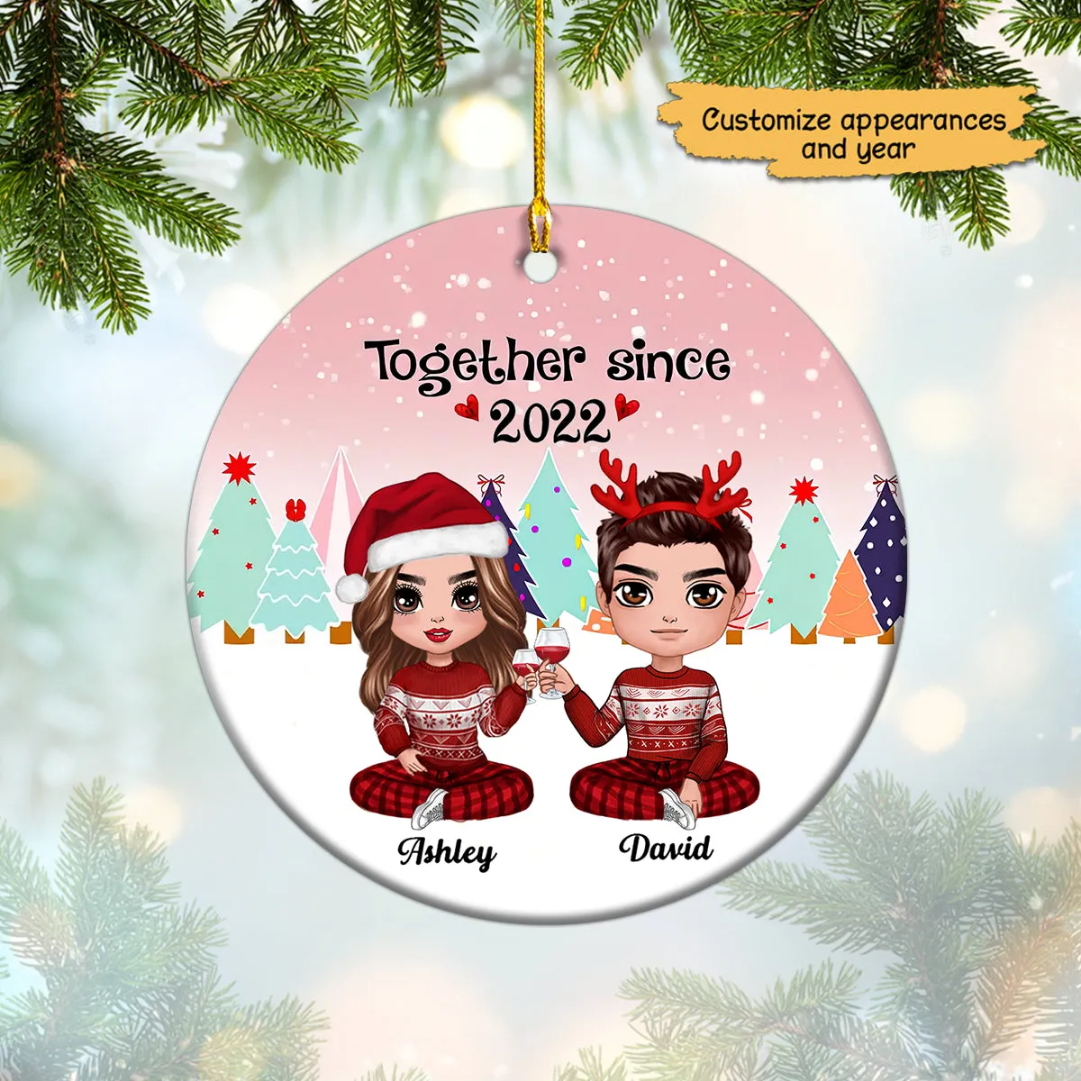 Couple Together Since Pine Forest Background Christmas Personalized Circle Ornament