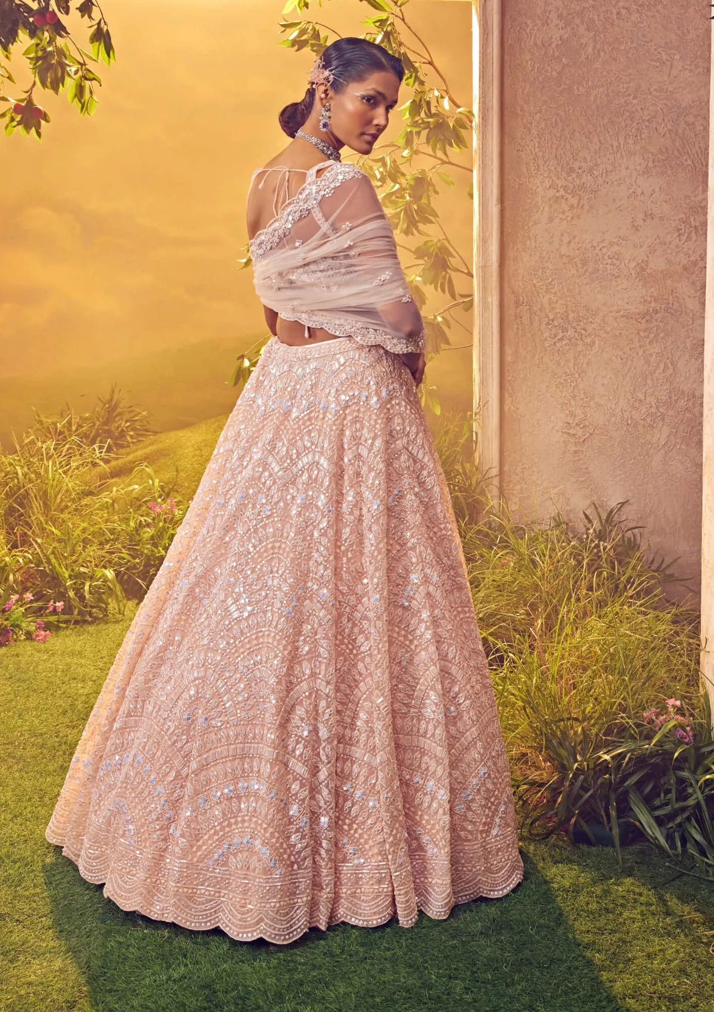 Crystal pink tulle embroidered lehenga set
