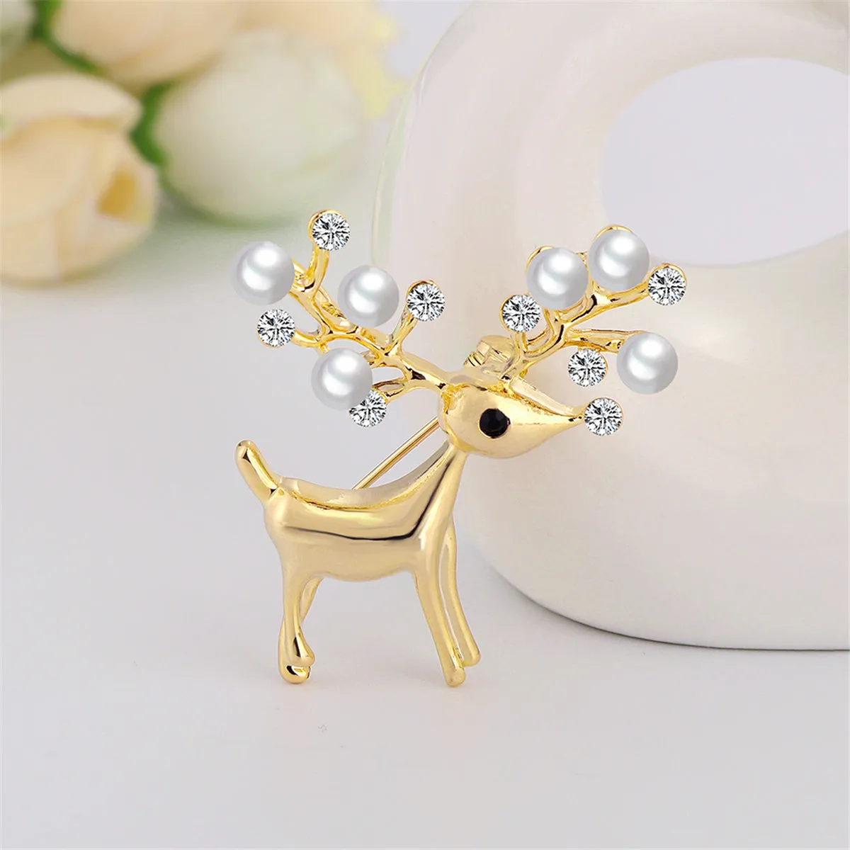 Cubic Zirconia & Pearl 18K Gold-Plated Reindeer Brooch