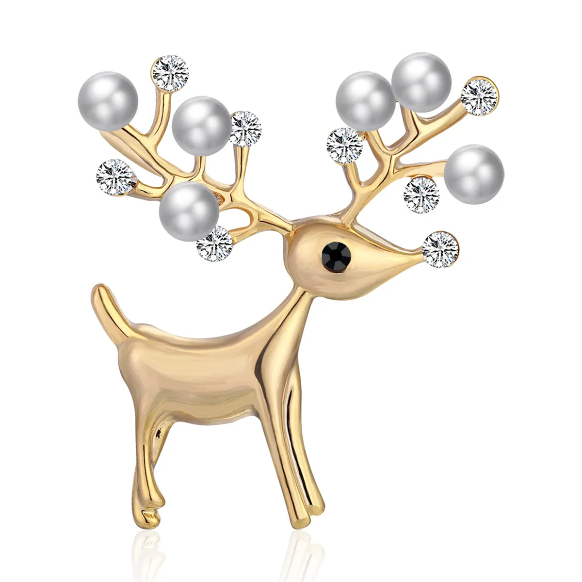 Cubic Zirconia & Pearl 18K Gold-Plated Reindeer Brooch
