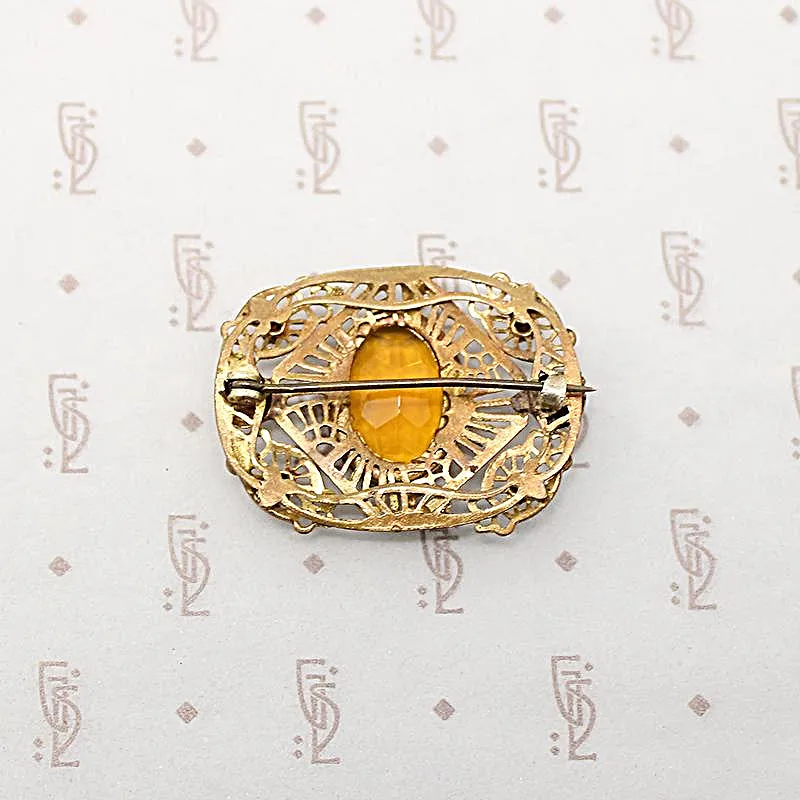 Delicate Autumn-Toned Brass & Glass Brooch