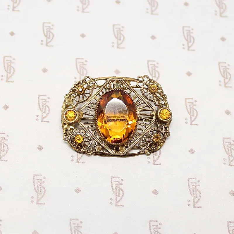 Delicate Autumn-Toned Brass & Glass Brooch