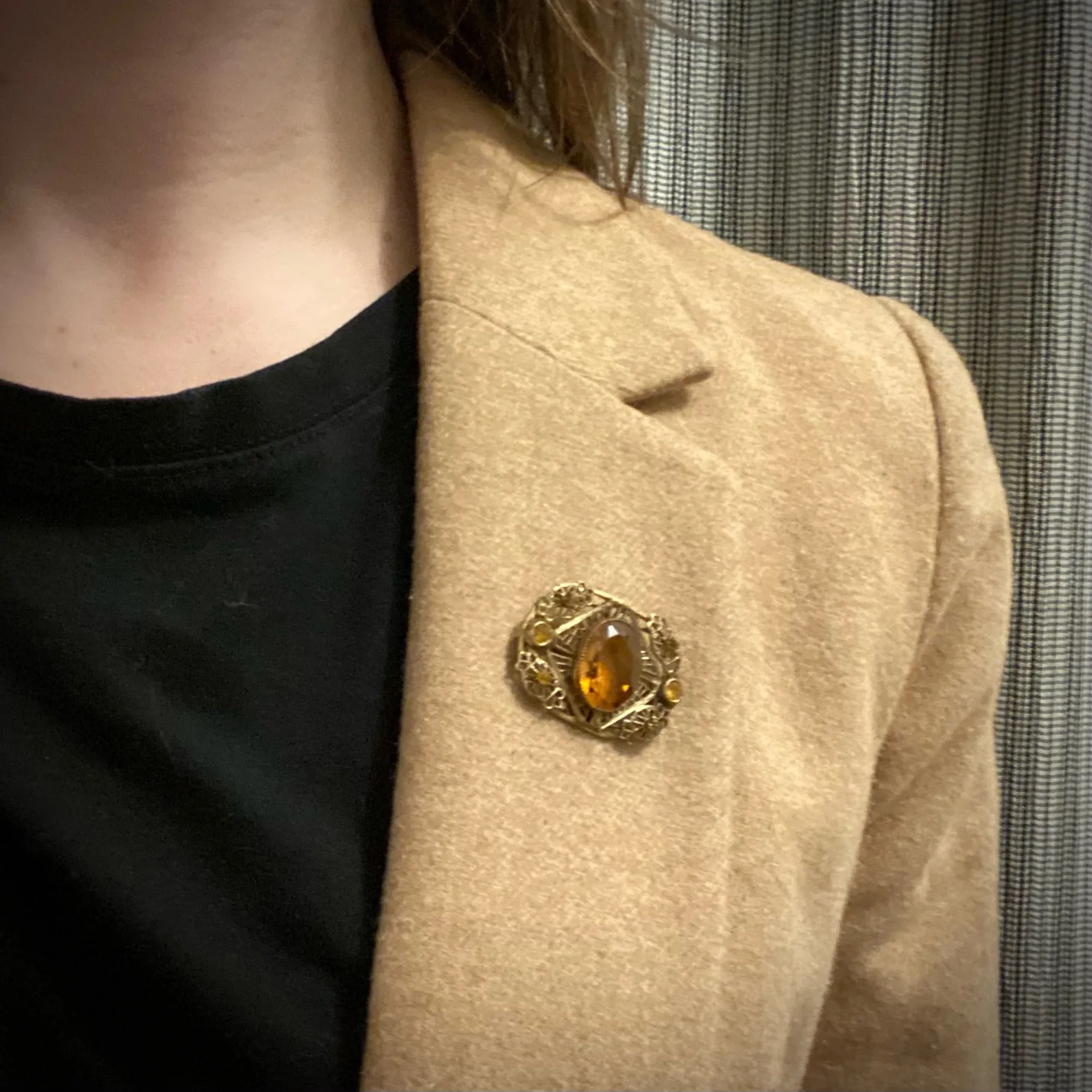 Delicate Autumn-Toned Brass & Glass Brooch