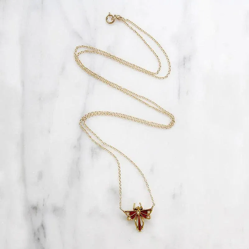 Delicate Enamel Damselfly with Pearls Pendant