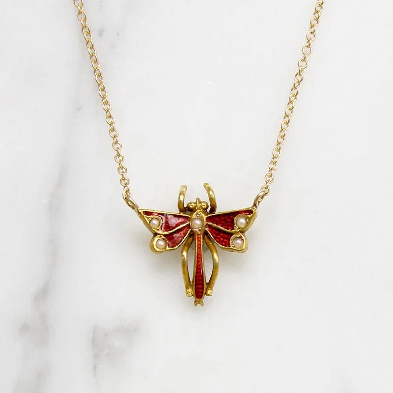 Delicate Enamel Damselfly with Pearls Pendant