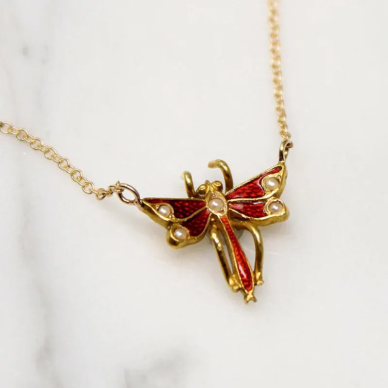 Delicate Enamel Damselfly with Pearls Pendant