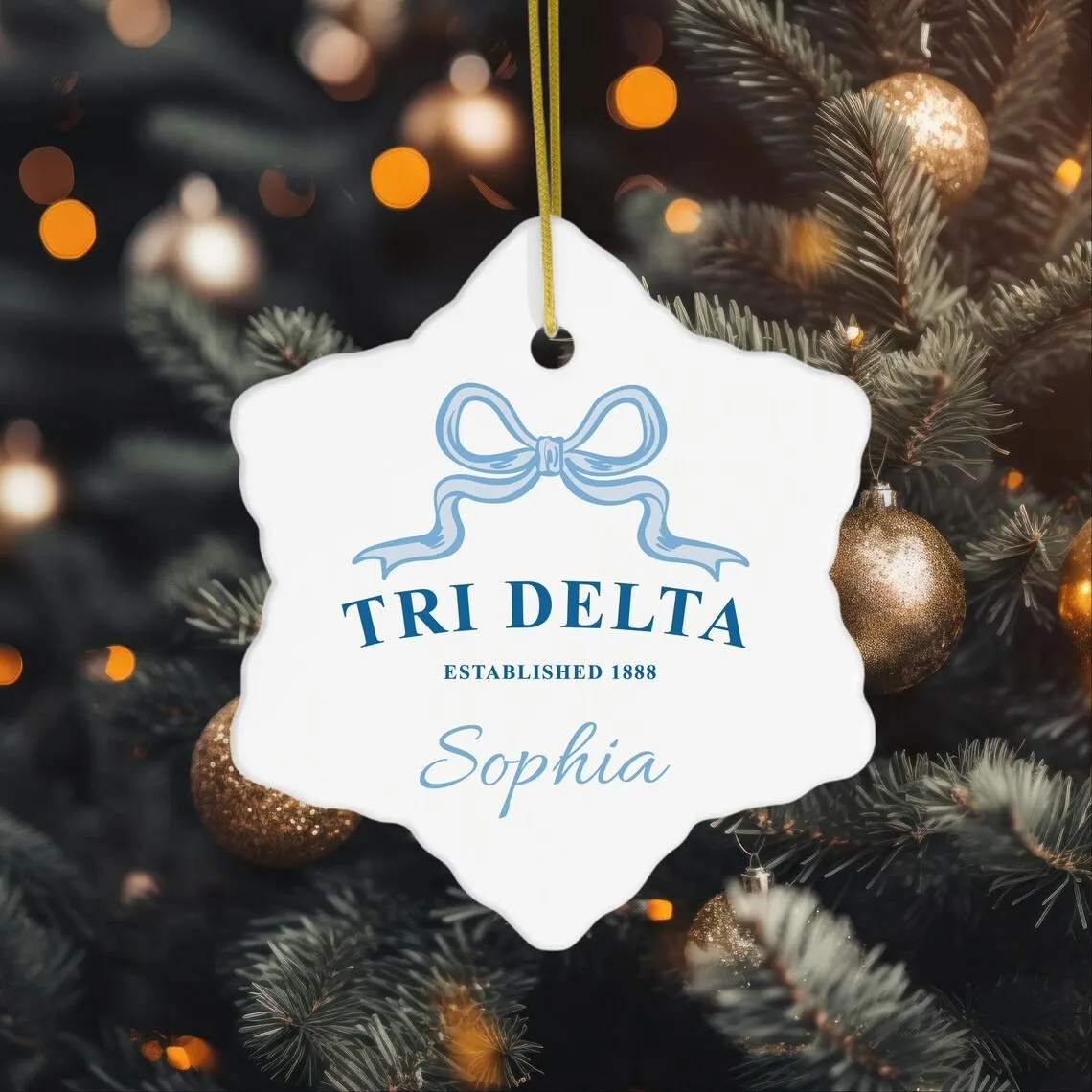 Delta Delta Delta Trendy Ribbon Ornament Gift, Tri Delta Holiday Christmas Gift, Personalized Name, Sorority Ornament