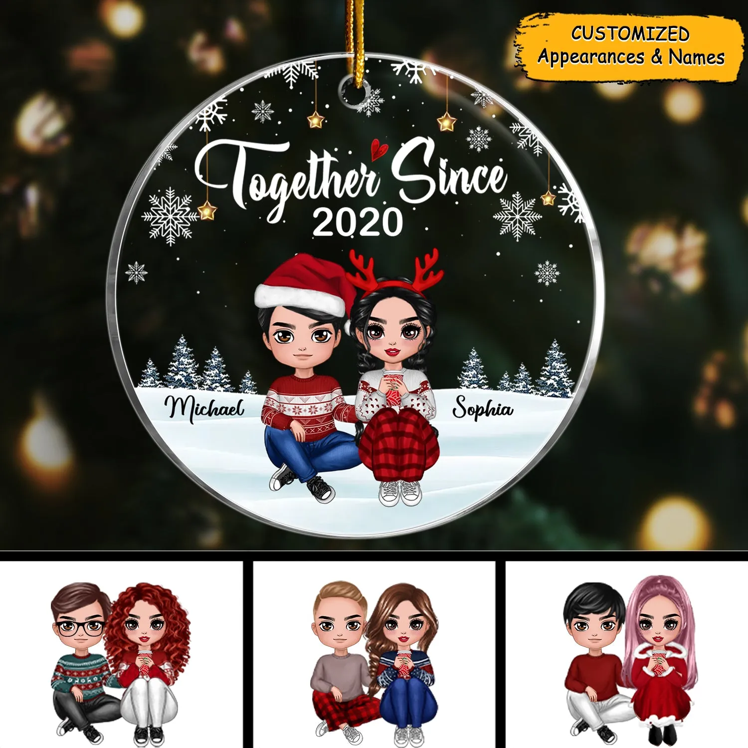 Doll Couple Sitting Christmas Gift For Him For Her Personalized Clear Circle Ornament 2