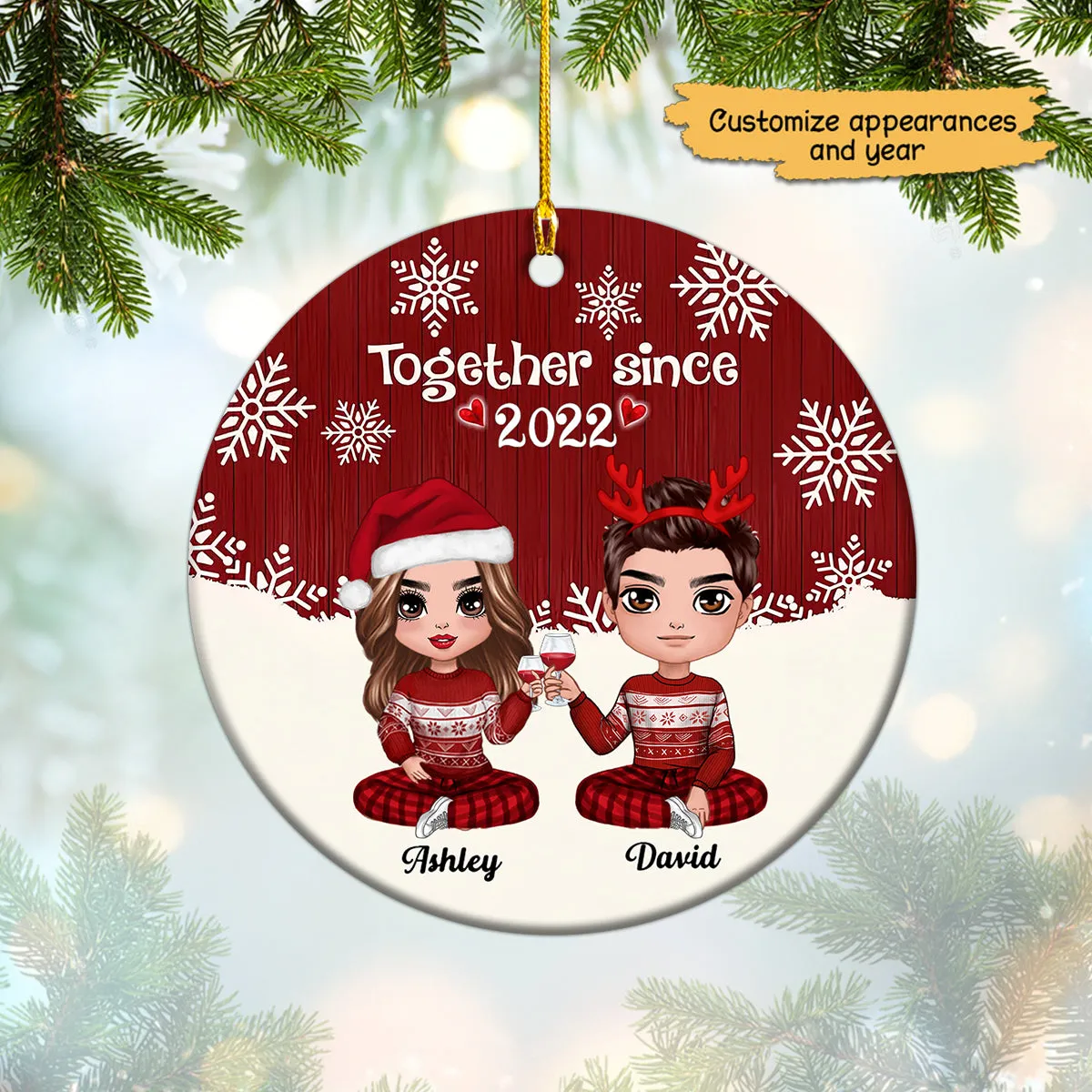Doll Couple Together Christmas Background Personalized Circle Ornament