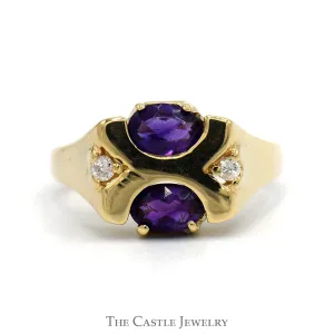 Double Oval Amethyst Ring with Diamond Accents in 14k Yellow Gold "X" Design