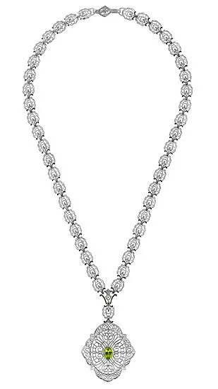 Edwardian Filigree Drop Pendant Necklace with Peridot and Diamond in Sterling Silver