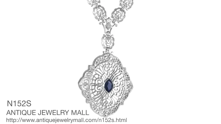 Edwardian Filigree Sapphire and Diamond Drop Pendant Necklace in Sterling Silver