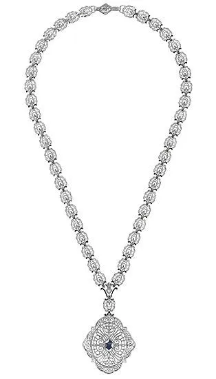 Edwardian Filigree Sapphire and Diamond Drop Pendant Necklace in Sterling Silver