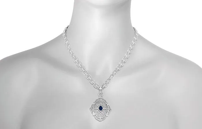 Edwardian Filigree Sapphire and Diamond Drop Pendant Necklace in Sterling Silver