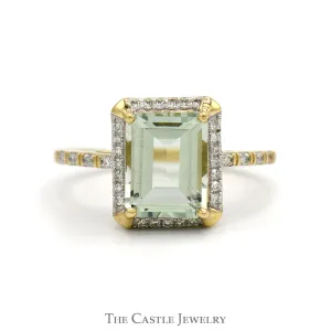 Emerald Cut Green Quartz Ring with Diamond Halo & Accented Sides in 10k Yellow Gold