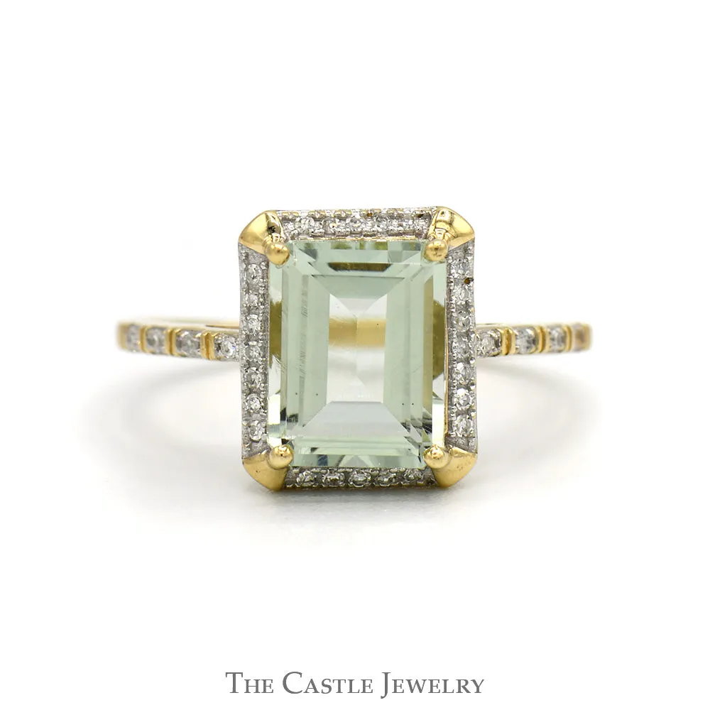Emerald Cut Green Quartz Ring with Diamond Halo & Accented Sides in 10k Yellow Gold