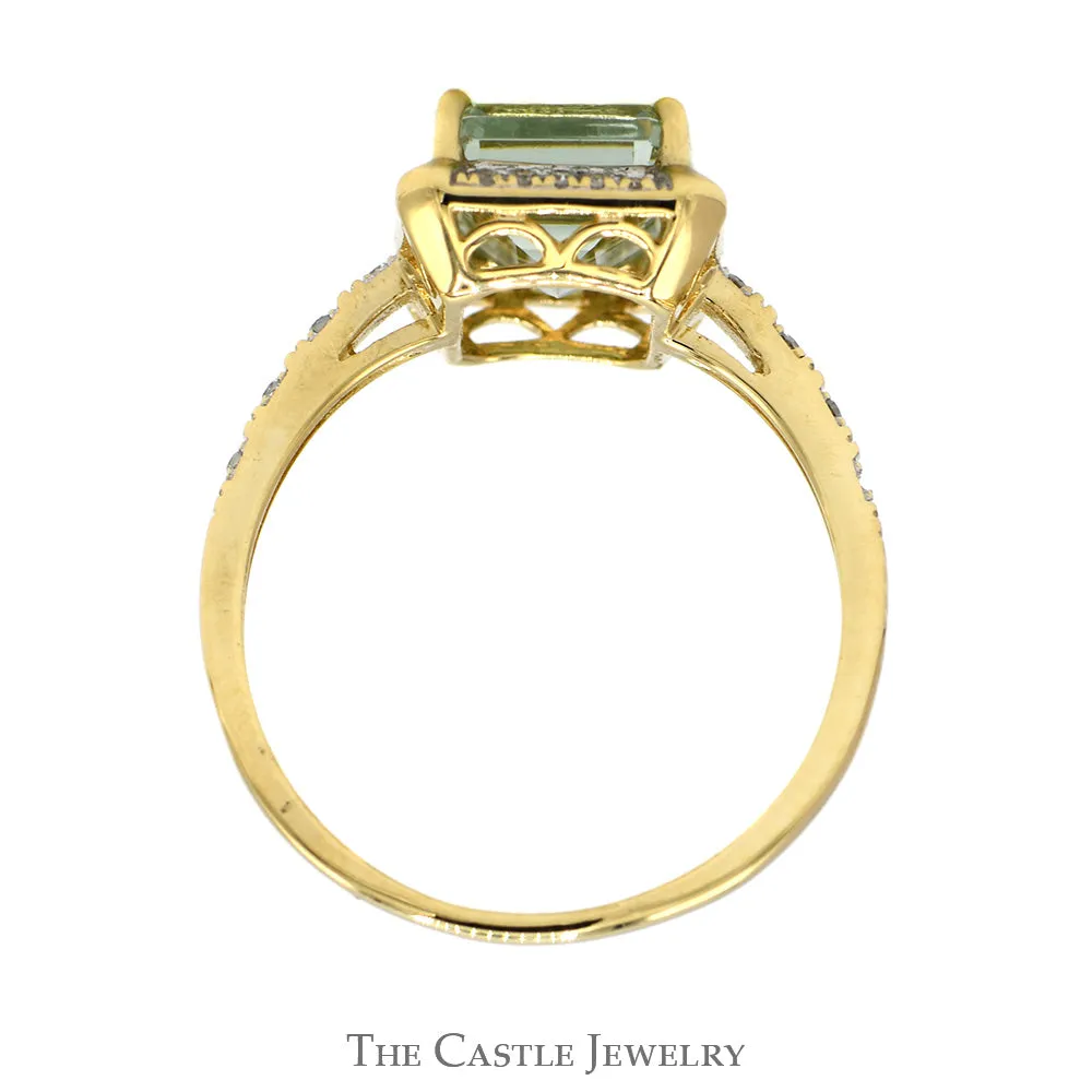 Emerald Cut Green Quartz Ring with Diamond Halo & Accented Sides in 10k Yellow Gold