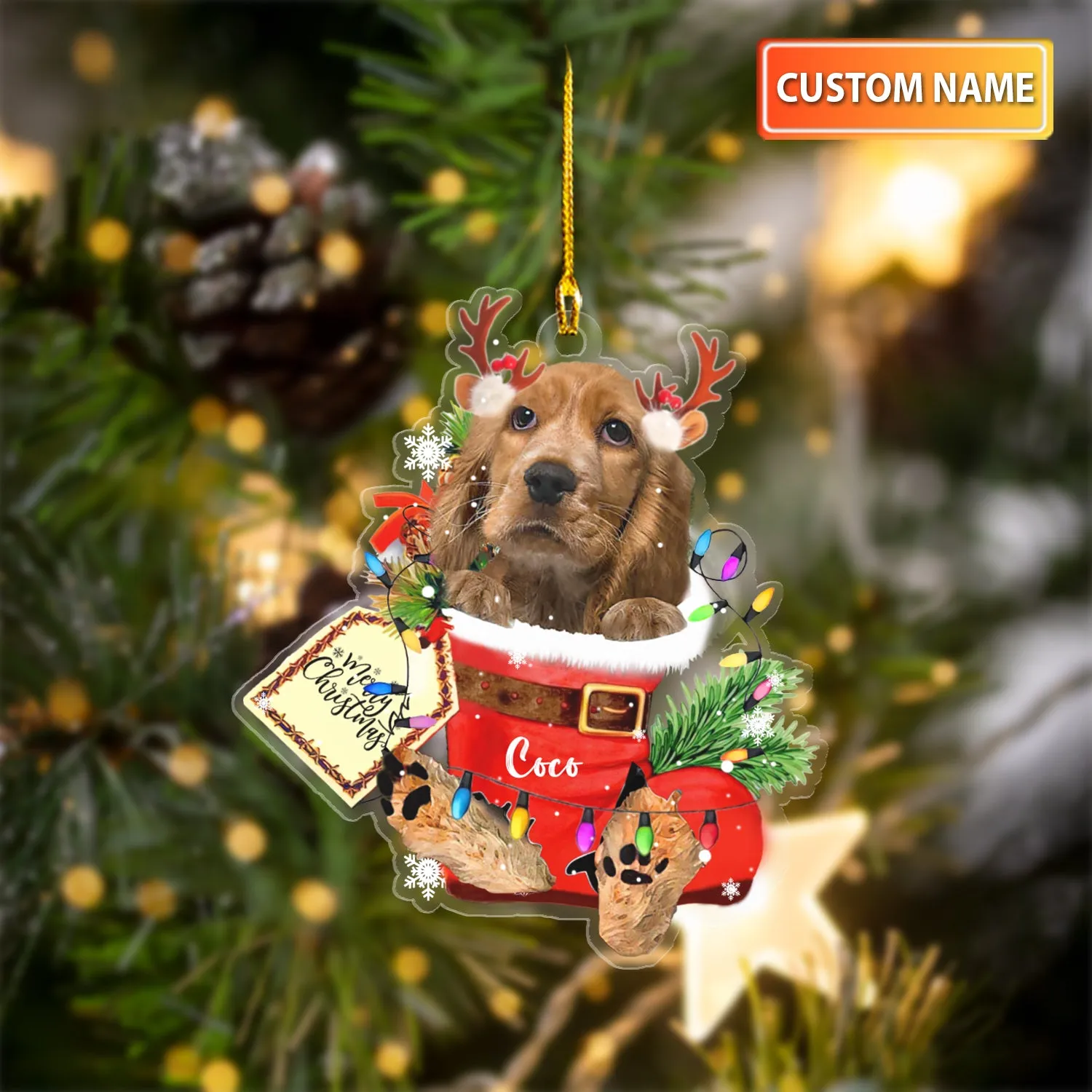 ENGLISH COCKER SPANIEL IN SNOW POCKET CHRISTMAS ACRYLIC ORNAMENT
