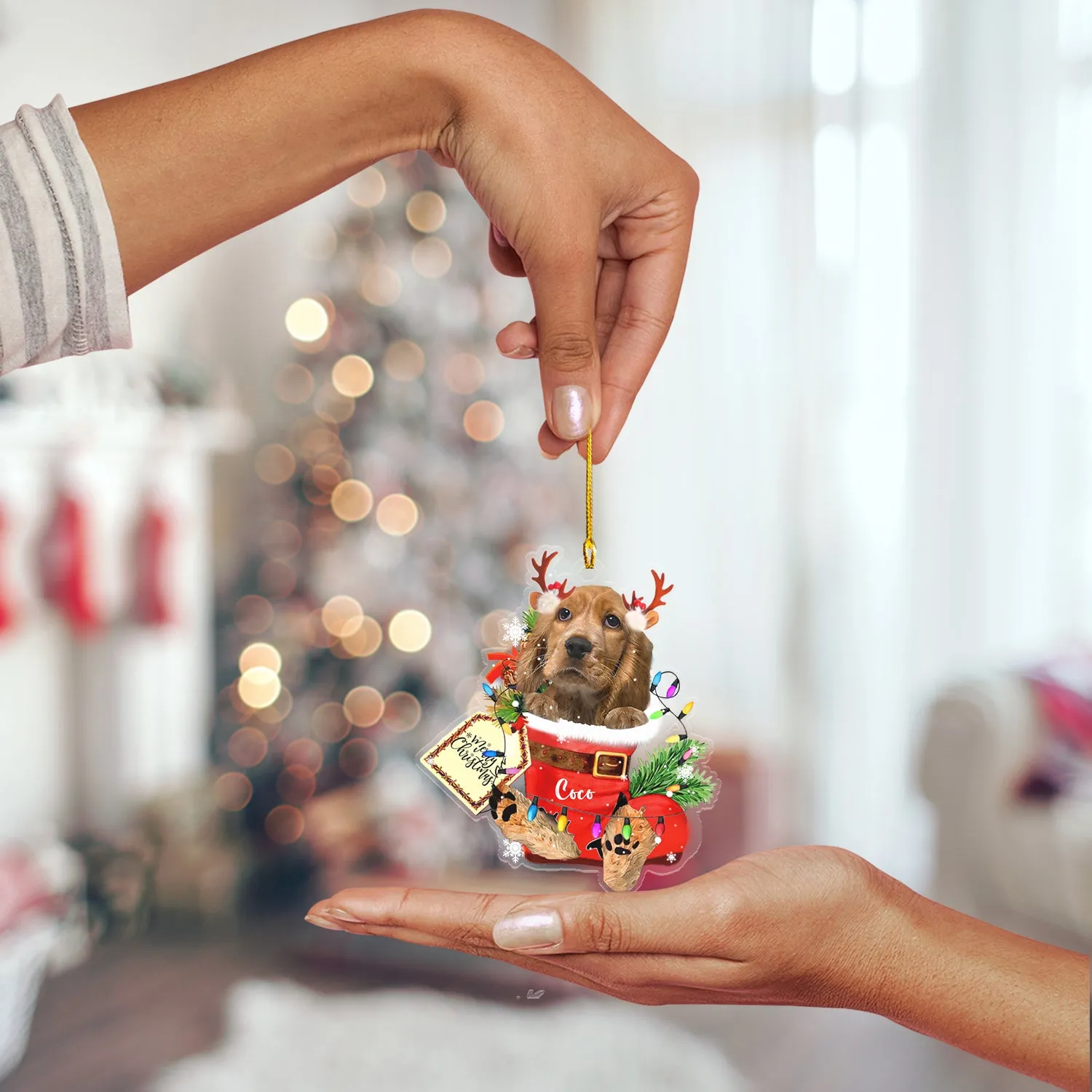 ENGLISH COCKER SPANIEL IN SNOW POCKET CHRISTMAS ACRYLIC ORNAMENT