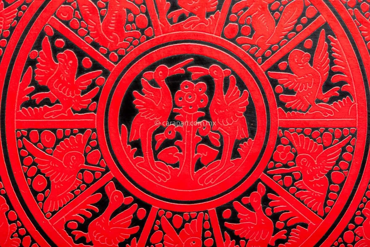 Etched Lacquered Wood Tray Red over Black w Birds
