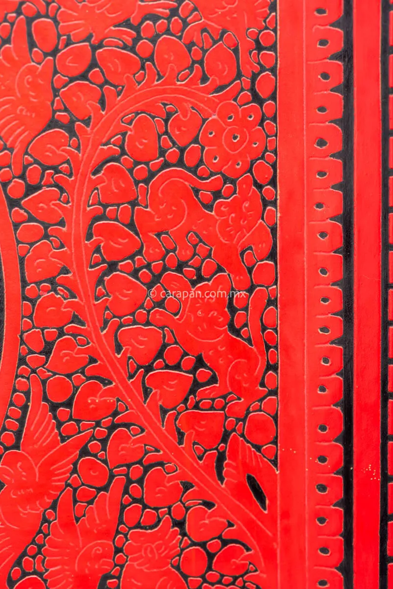 Etched Lacquered Wood Tray Red over Black w Birds