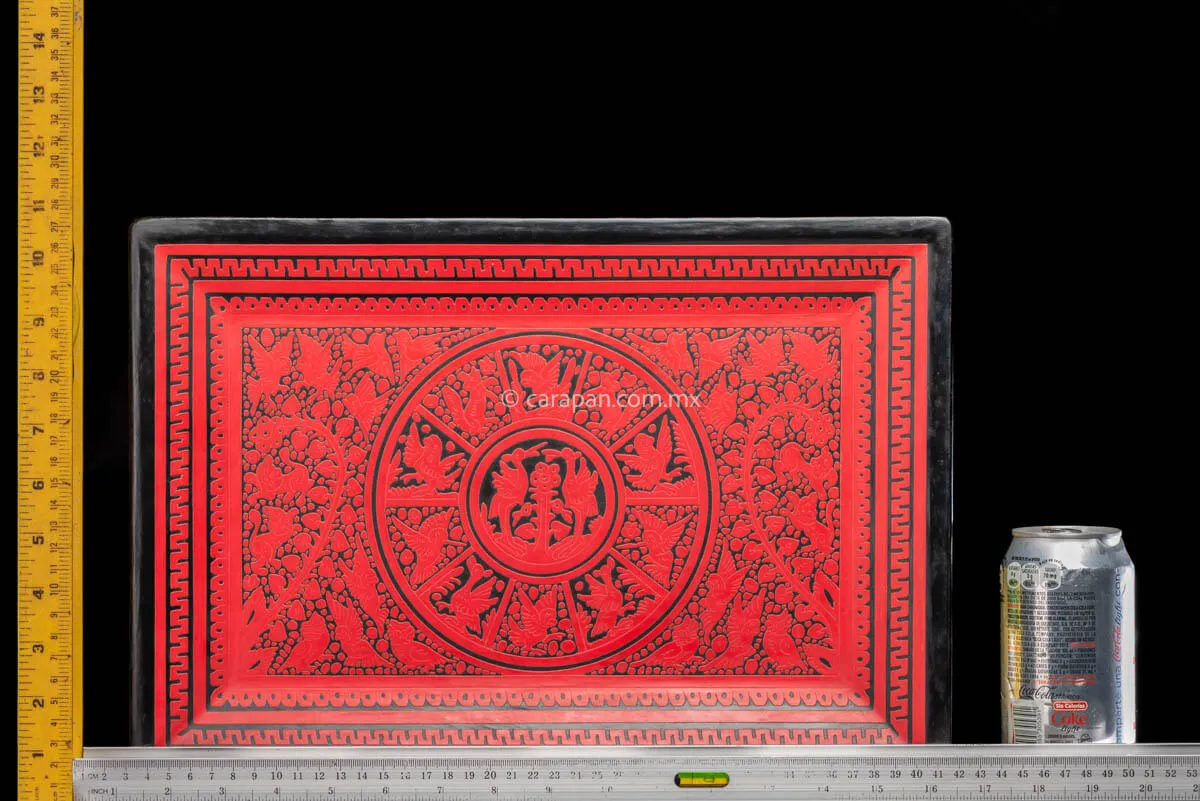 Etched Lacquered Wood Tray Red over Black w Birds
