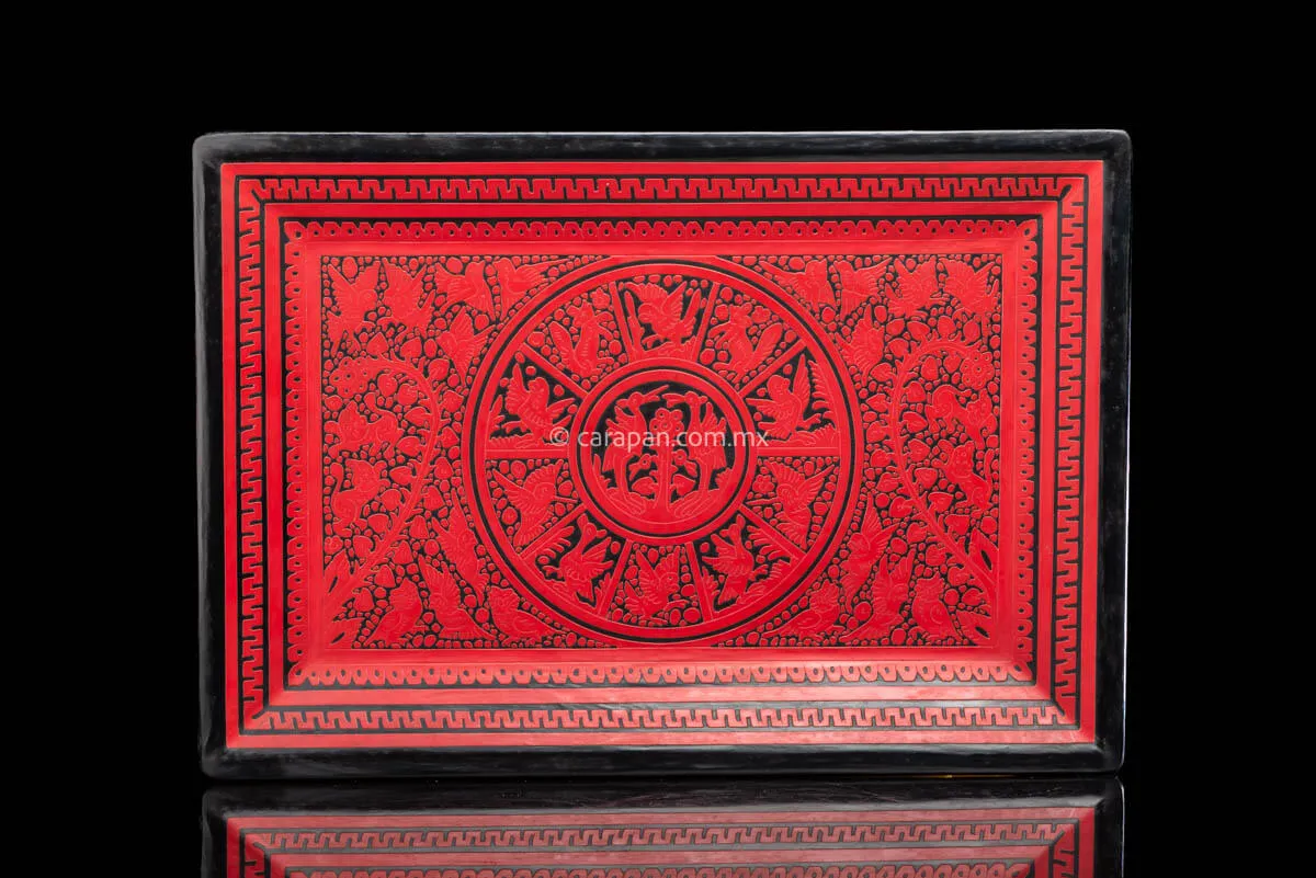 Etched Lacquered Wood Tray Red over Black w Birds