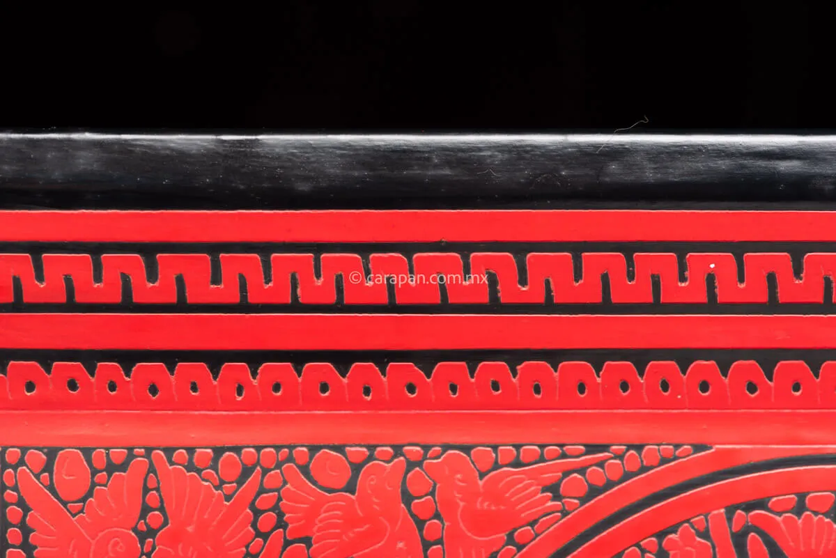 Etched Lacquered Wood Tray Red over Black w Birds