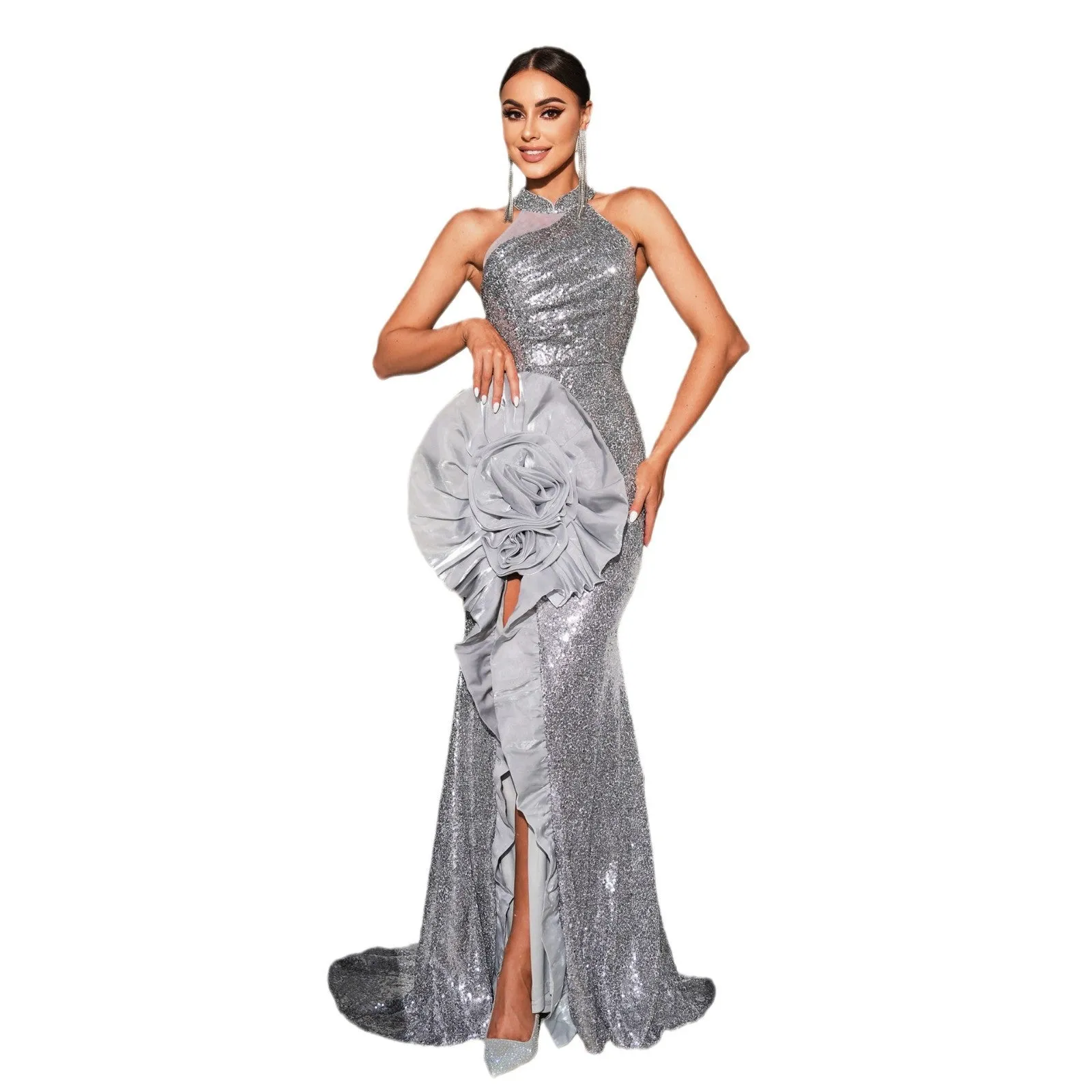 Exquisite Sleeveless Halter Sequin Evening Gown with Dramatic Floral Accent
