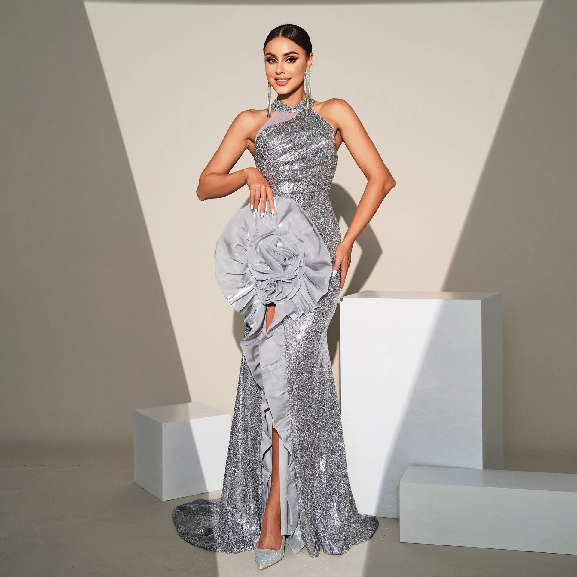 Exquisite Sleeveless Halter Sequin Evening Gown with Dramatic Floral Accent