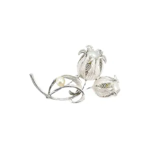 Filigree Flower Vintage Japanese Akoya Cultured Saltwater Pearl Brooch- Sterling Silver