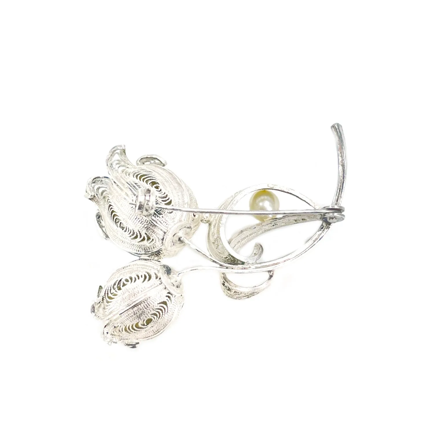Filigree Flower Vintage Japanese Akoya Cultured Saltwater Pearl Brooch- Sterling Silver